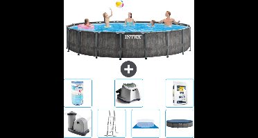 Intex Rond Prism Frame Greywood Zwembad - 549 x 122 cm - Inclusief Pomp - Ladder - Grondzeil - Afdekzeil Filter - Zoutwatersysteem - Zwembadzout
