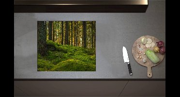 Inductieplaat Beschermer - Bomen in Bos bij Groen Begroeide Ondergrond - 58x50 cm - 2 mm Dik - Inductie Beschermer - Bescherming Inductiekookplaat - Kookplaat Beschermer van Wit Vinyl