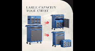 Toolkast – Gereedschapskast – Werkplaatskast – Ladekast – Opbergkast – 7 Laden – Slot – Zware Kogellagers – Mobiel – Stalen Frame – Blauw-Grijs
