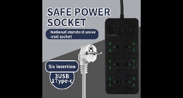 Stopcontact met USB- en Type C-poort, geschikt voor thuis- en kantoorgebruik, ronde stekkerdoos, zwarte uitvoering 4