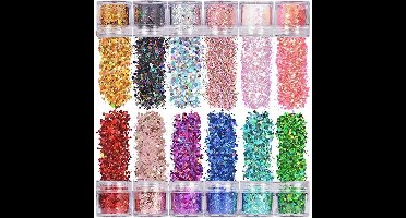 XUBX 12 Dozen Gezicht Glitter, Chunky Glitters Mix Color Glitterpoeder, Sequin Glitter Iriserende vlokken, Kleurrijke Gemengde pailletten Make-Up Lichaam Haar Nail Art Decoratie 10 ml