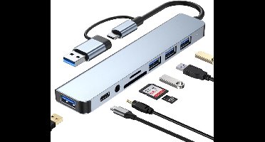 Oneay USB-C-hub USB-hub 3.0, VIENON aluminium 8-in-1 USB-verlenger met SD/TF-kaartlezer en 3,5 mm aux-hoofdtelefoonaansluiting voor MacBook Pro Air en andere pc's/laptops/tablets