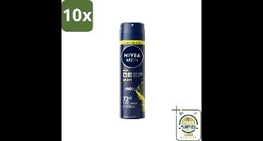 10 x NIVEA MEN - Deodorant Spray - Deep Sport - 150 ml - Grootverpakking - NIVEA MEN Deep Sport Deospray - Anti-transpirant - 72 Uur Bescherming - Black Carbon - MAXXTech