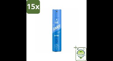 15 x Taft - Extra Strong 3 - Junior Haarspray - Stevige kindvriendelijke fixatie - 250 ml - Grootverpakking - Haarspray Voor Kinderen - Kinderhaarspray - Taft Junior - Sterke Fixatie - 48 Uur Hold