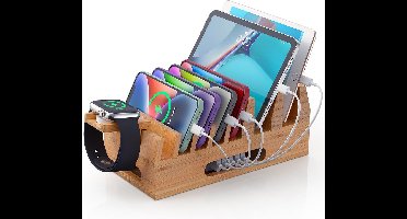 Organiserende Oplaadstation van Bamboe voor Meerdere Telefoons, Tablets en Smartwatches