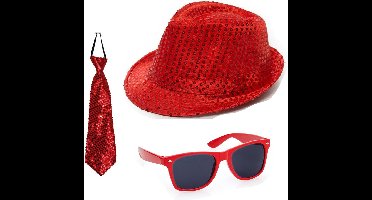 Folat - Verkleedkleding set - Glitter hoed/stropdas/party bril rood