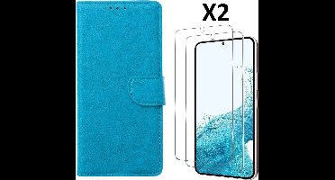 Hoesje Geschikt Voor Samsung Galaxy S23 Plus Hoesje met Pasjeshouder - bookcase – Met 2x Screenprotector / gehard glas – Blauw