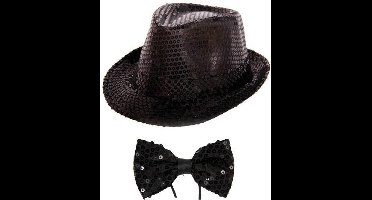 Folat - Verkleedkleding set - Glitter hoed/strikje zwart volwassenen