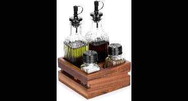 Vilde - Set van Flessen voor Olie en Azijn - In Houder - Glas en Hout