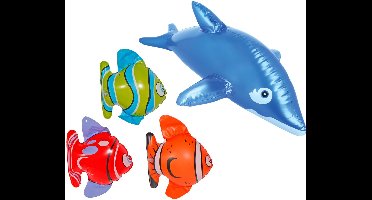 Opblaasbare dieren set - 3x stuks Opblaasbare vissen van 22 cm en 1x een dolfijn van 53 cm
