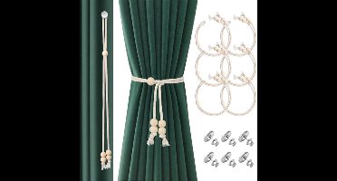 KARZO - Verstelbare Gordijnhouders 6 Stuks - Boho Katoenen Touw met Houten Kralen