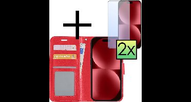 Hoesje - Met 2x Screenprotector - Geschikt voor Apple iPhone 15 - Luxe Pasjeshouder - Bookcase Portemonee - Flip Case - Kunstleer Book Case - Flipcase Hoes - Book Cover - Walletcase - Portemonneehoes - Donkerroze