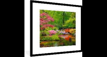 PosterMonkey - Poster - Fotolijst - Bomen - Bloemen - Brug - Japan - Water - Natuur - Kader - 40x40 cm - Muurdecoratie - Posterlijst - Poster Japan - Foto in lijst