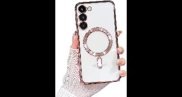 Hoesje Geschikt Voor Samsung Galaxy S23 Plus hoesje Magnetisch Met Lens beschermer Transparant / Rose Goud – Magneet hoesje