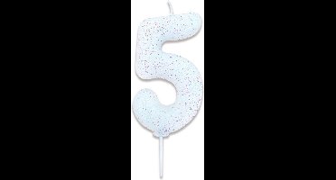 Witbaard Verjaardagskaars Cijfer 5 Wax 7 Cm Glitter Wit