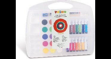 Primo Fantasia: etui met 14 plakkaatverf tubes 12 ml en 15 aquarelverf diametre 30 mm, 1 penseel, 1 HB potloden, 1 gum, 1 puntenslijper, 1 mengpalet