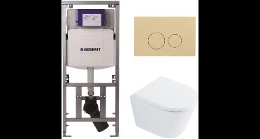 QeramiQ Dely Toiletset - 36.3x51.7cm - diepspoel - rimless - Geberit UP320 inbouwreservoir - softclose toilet zitting 35 mm - bedieningsplaat beige - ronde knoppen - wit glans