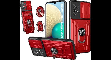 Hoesje Geschikt Voor Samsung Galaxy A52 / A52s hoesje met kickstand Rood - Hoesje Geschikt Voor Samsung Galaxy A52 / A52s camera lens screen protector - hoesje Hoesje Geschikt Voor Samsung Galaxy A52 met pasjeshouder ring case
