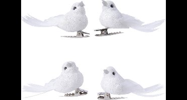 Decoris vogeltjes - 4x stuks - glitter wit - kunststof - 5 cm - op clip - kerstdecoratie - kerstversiering