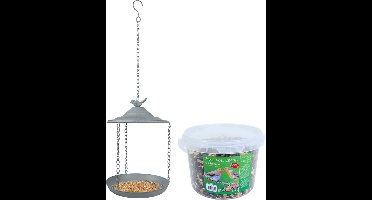 Metalen vogelbad/voederschaal hangend 30 cm met 4-seizoenen vogel strooivoer 2,5 kg