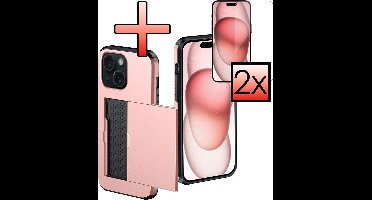 Hoes Geschikt voor iPhone 15 Plus Hoesje Pasjeshouder Hard Cover Met 2x Screenprotector Shock Proof Hard Case Hoes Met Kaarthouder - Rosé goud