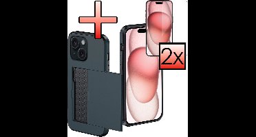 Hoes Geschikt voor iPhone 15 Plus Hoesje Pasjeshouder Hard Cover Met 2x Screenprotector Shock Proof Hard Case Hoes Met Kaarthouder - Donkerblauw