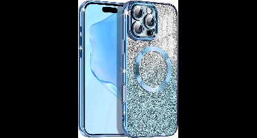 Hoesje Geschikt Voor iPhone 16 Pro Magsafe hoesje Blauw - Lens beschermer glitter backcover
