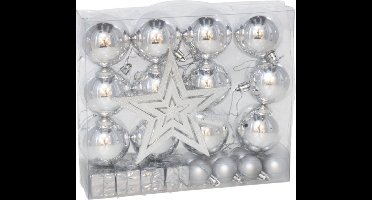 Gerimport Kerstballen, ornamenten en piek - 29-dlg - zilver - kunststof - voor kleine boom
