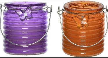 Citronella windlicht met kaars - paars en oranje - 20 branduren - citrusgeur