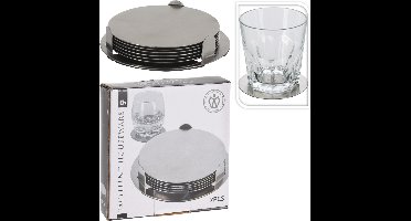 Onderzetters - 6x st - zilver - D8,5 cm - RVS - met houder - glazen/bekers/kopjes onderzetter