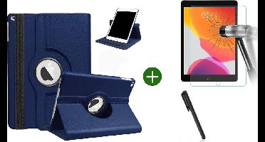 Hoes geschikt voor iPad 2021/2020/2019 (10.2 inch) draaibaar + screenprotector - tempered glass + stylus pen - Donkerblauw