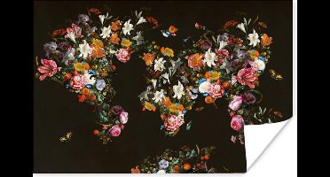 Poster Wereldkaart - Bloemen - Vlinder - Zwart - 30x20 cm