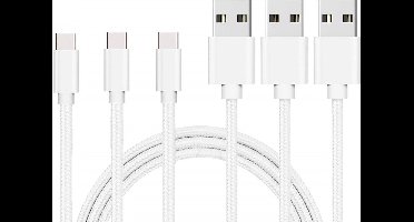 3x USB C naar USB A Nylon Gevlochten Kabel Zilver Wit - 1 meter - Oplaadkabel voor Honor X6 / Honor X7 / Honor X7a / Honor X8 / Honor X8a / Honor X9 / Honor X9a
