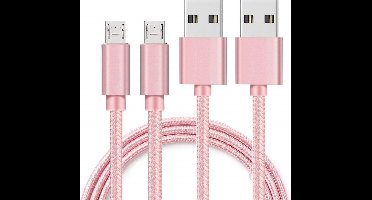2x Micro USB naar USB A Nylon Gevlochten Kabel Roze - 1 meter - Oplaadkabel voor Samsung Galaxy Tab A 8.0 2019 : écran 8 pouces , references : SM-T290/SM-T295