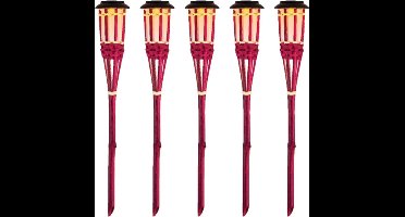5x Roze buiten/tuin Led fakkel Bodi solar verlichting bamboe 54 cm vlam - Tuinfakkel - Tuinlampen - Lampen op zonne-energie