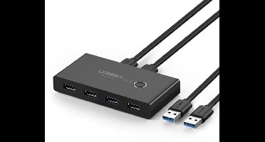 UGREEN 4 Poorten USB 3.0 Share USB Switch voor 2 PC's, 2 in 4 out Switch met 2 USB 3.0 Kabels voor Printer, Scanner, Toetsenbord, USB Sticks, Harde Schijven, Muis, Headset, enz. Zwart