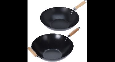 Excellent Houseware Wok / hapjes - bak pannen - 2 stuks - metaal/hout - D30 en D35 cm