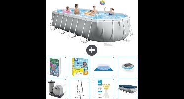 Intex Ovaal Prism Frame Zwembad - 610 x 305 x 122 cm - Grijs - Inclusief Pomp - Ladder - Grondzeil - Afdekzeil - Onderhoudspakket - Verlichting - 9-delig