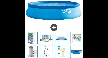 Intex Rond Opblaasbaar Easy Set Zwembad - 457 x 107 cm - Blauw - Inclusief Pomp - Ladder - Grondzeil - Afdekzeil - Onderhoudspakket - Loungebed - 9-delig