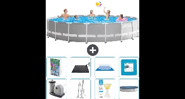 Intex Rond Prism Frame Zwembad - 610 x 132 cm - Grijs - Inclusief Pomp - Ladder - Grondzeil - Afdekzeil - Solar Mat - Vloertegels - 9-delig