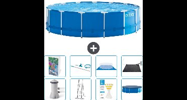 Intex Rond Frame Zwembad - 457 x 122 cm - Blauw - Inclusief Pomp - Ladder - Grondzeil - Afdekzeil - Schoonmaakset - Solar Mat - 9-delig