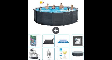 Intex Rond Graphite Gray Panel Zwembad - 478 x 124 cm - Inclusief Pomp - Ladder - Grondzeil - Afdekzeil - Solar Mat - Vloertegels - 9-delig