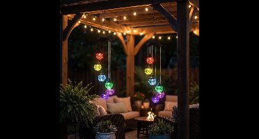 Windgong solar RGB LED hanglamp tuinlamp decoratief voor buiten crackle glazen bol, metaal, kleurwisselaar, LED, DxH 12,5x60 cm, set van 2