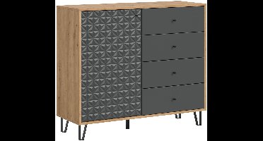 Prisma dressoir 4 laden, 1 deur eik decor, mat grijs.