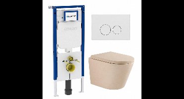 QeramiQ Dely Toiletset - 36.3x51.7cm - diepspoel - rimless - Geberit UP720 inbouwreservoir - softclose toilet zitting 35 mm - glans witte bedieningsplaat - ronde knoppen - mat beige