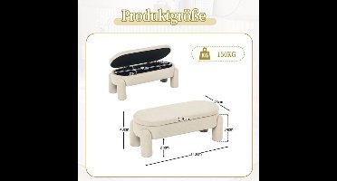 Opbergpoef – Opbergbank – Zitmeubel – Voetenbank – Opbergbox – Chenillestof Wit – Massief Houten Frame – Ruime Opbergruimte 104x36x15 cm