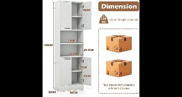 Hoge Keukenkast – Keukenkast Hoog – Opbergkast Keuken – Keukenkast Met Deuren – Keukenopberger – 4 Deuren & 2 Open Vakken – Anti-Kantelbeveiliging & Max 136 KG Draagvermogen