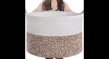 90L XXXL Dekenmand voor de Woonkamer – 55 X 35 CM Wasmand Van Gevlochten Katoentouw – Opbergmand met Handvat voor Speelgoed, Dekens en Wasgoed – Decoratieve Opbergmand (Wit en bruin)
