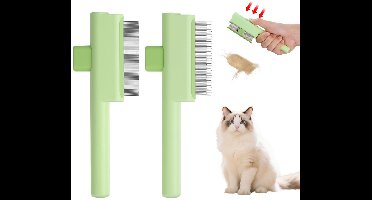 2-delige zelfreinigende vlooienkam voor katten – Zachte kattenkam met dubbele tanden voor lang en kort haar – Ergonomische Zen-borstel voor gezondere katten en schonere huizen, groen