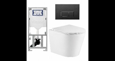 QeramiQ Dely Toiletset - 36.3x51.7cm - diepspoel - rimless - Geberit UP320 inbouwreservoir - met Burda frame - softclose toiletzitting - mat zwarte bedieningsplaat - rechtehoekige knoppen - wit mat